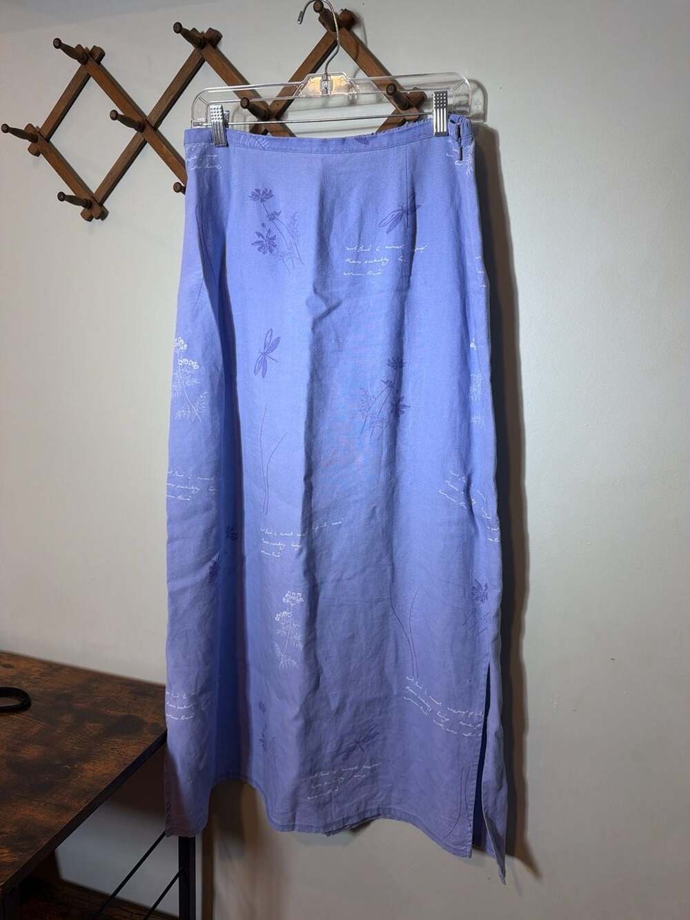 Portraits by Northern Isles Periwinkle Blue Linen Dragonfly Script Maxi Skirt Si